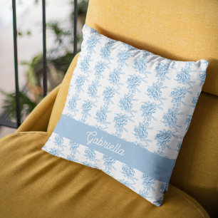 Blue French Toile Floral Pattern Name Cushion