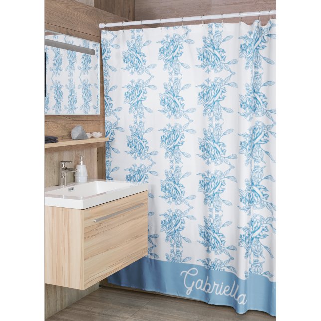 Blue French Toile Floral Pattern Name Shower Curtain (Creator Uploaded)