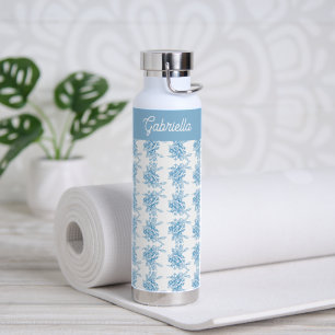 Blue French Toile Floral Pattern Name Water Bottle