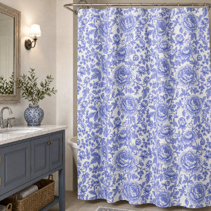 Blue French Toile Floral Pattern Shower Curtain