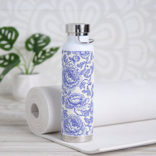 Blue French Toile Floral Pattern Water Bottle