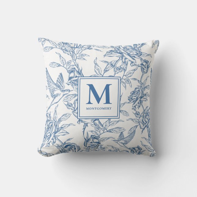 Blue French Toile Monogram Name Cushion (Front)