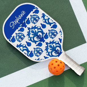 Blue French Toile Pattern Custom Name Pickleball Paddle
