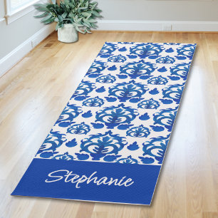 Blue French Toile Pattern Custom Name Yoga Mat