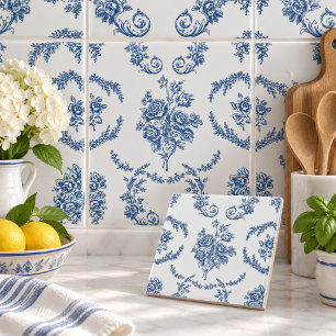 Blue French Toile Pattern Floral Ceramic Tile