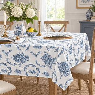 Blue French Toile Pattern Floral Tablecloth