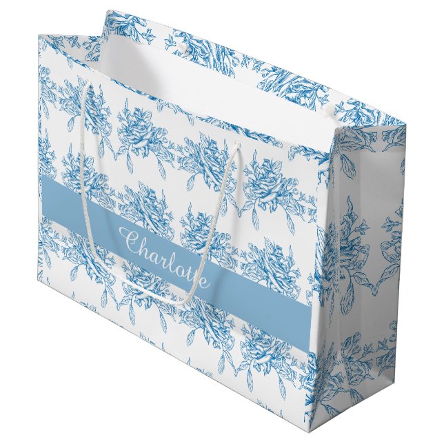 Blue French Toile Pattern Large Gift Bag (Front Angled)