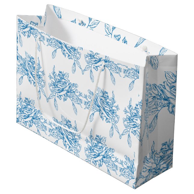 Blue French Toile Pattern Large Gift Bag (Front Angled)