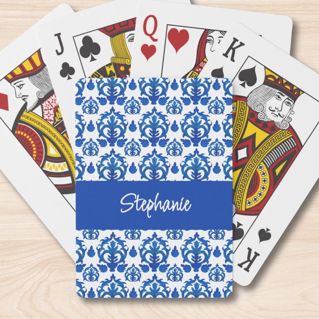 Blue French Toile Pattern Monogram Name Playing Cards (Creator Uploaded)