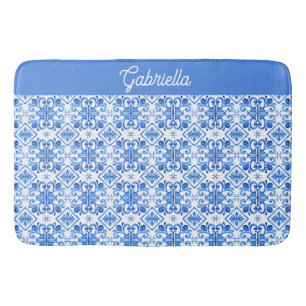 Blue French Toile Pattern Name Bath Mat