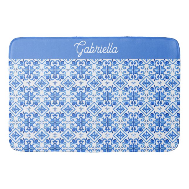 Blue French Toile Pattern Name Bath Mat (Front)