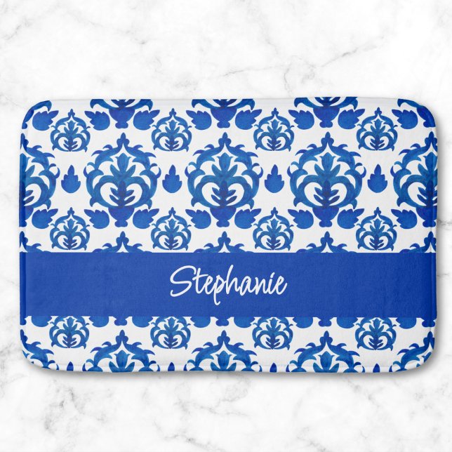 Blue French Toile Pattern Name Monogram Bath Mat (Creator Uploaded)