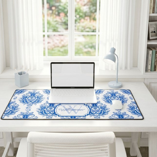 Blue French Toile Pattern Name Monogram Desk Mat (Creator Uploaded)