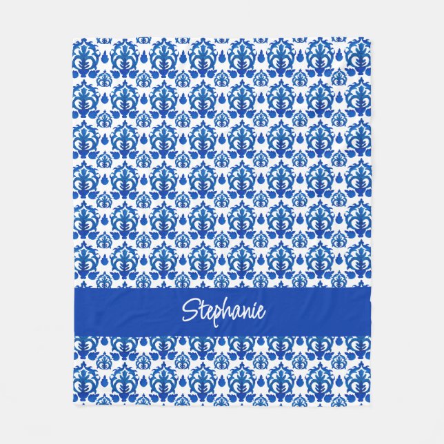 Blue French Toile Pattern Name Monogram Fleece Blanket (Front)