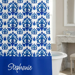 Blue French Toile Pattern Name Monogram Shower Curtain