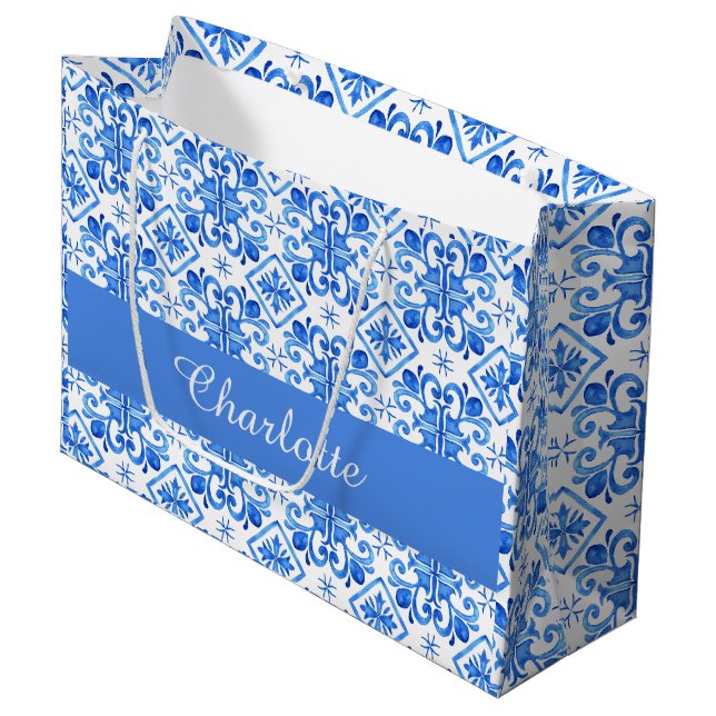 Blue French Toile Pattern name Tissue Paper Large Gift Bag (Front Angled)