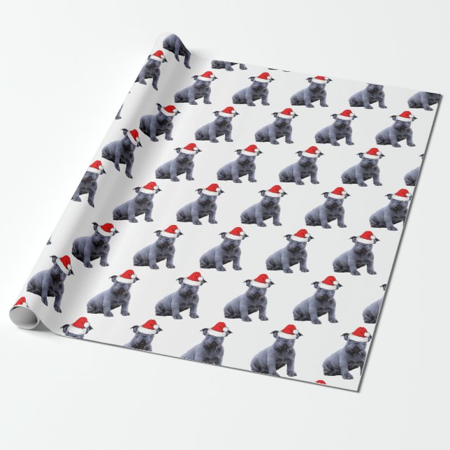 Blue Frenchie Bulldog Santa Hat Wrapping Paper (Unrolled)