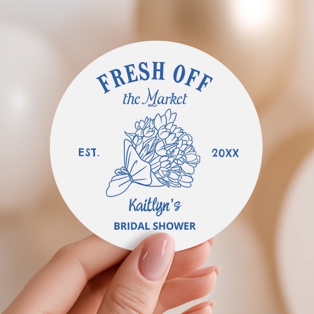 Blue Fresh Off The Market Bridal Shower Classic Round Sticker (Creator Uploaded)