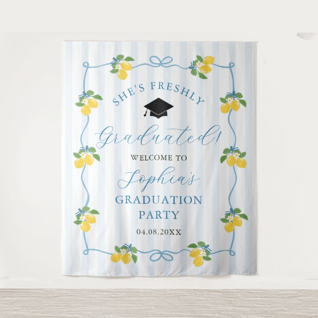 Blue Freshly Lemon Citrus Graduation Decor Tapestry (Front)