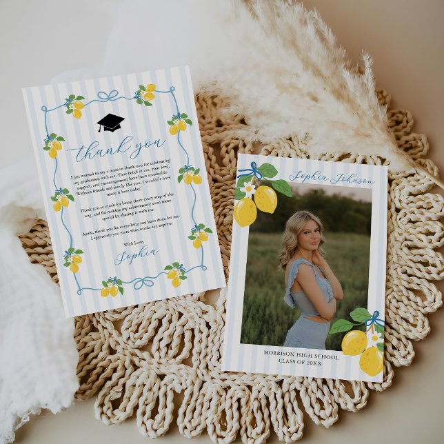 Blue Freshly Lemon Citrus Graduation Party Thank You Card (Creator Uploaded)