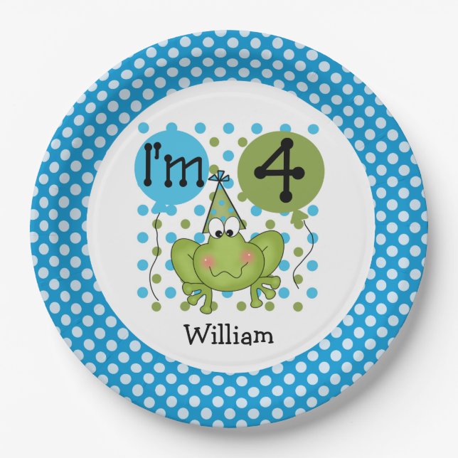 Blue Frog 4th Birthday Paper Plates (Front)