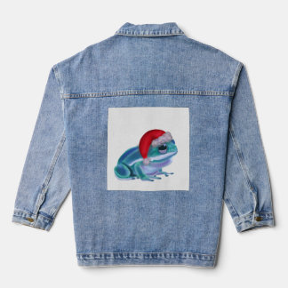 Blue frog with Santa hat. Denim Jacket