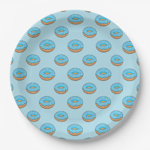 Blue Frosted Donut with Sprinkles Cartoon Paper Plate