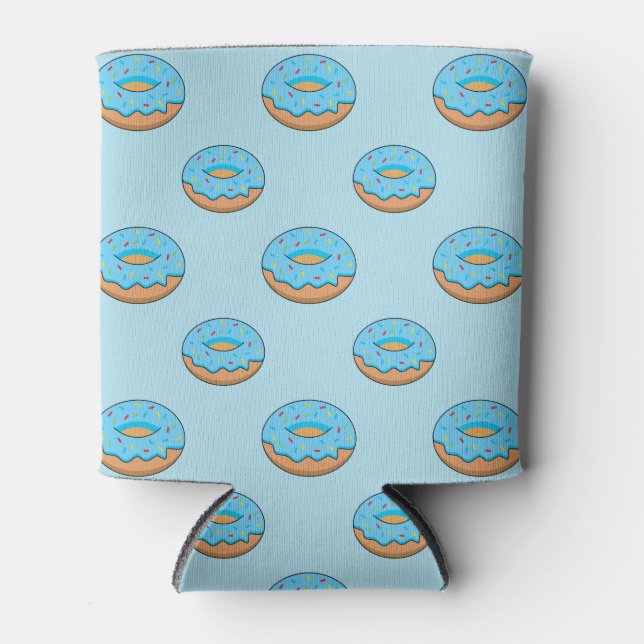 Blue Frosted Doughnut with Sprinkles Cartoon Can Cooler (Front)