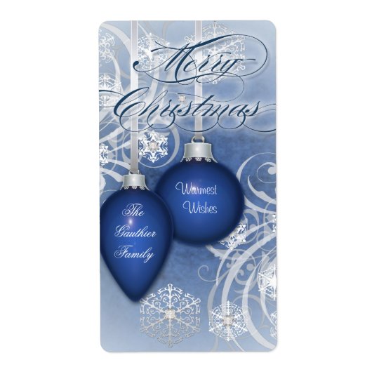 Blue Frosted Flourishes Holiday Wine Label Shipping Label