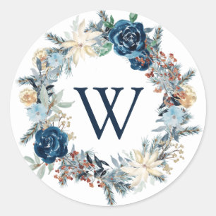 Blue Frosted Monogram Wreath Holiday Sticker