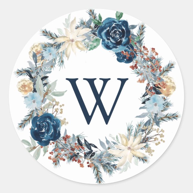 Blue Frosted Monogram Wreath Holiday Sticker (Front)