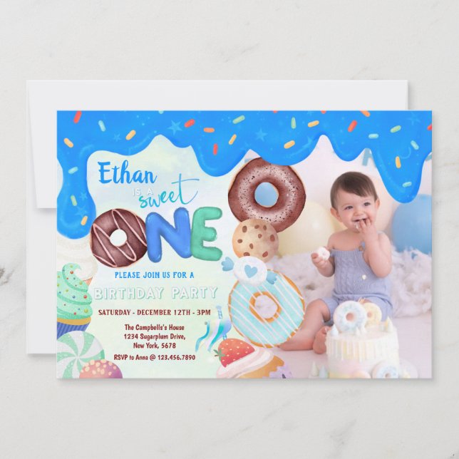 blue frosting doughnut Sweet One  Invitation (Front)