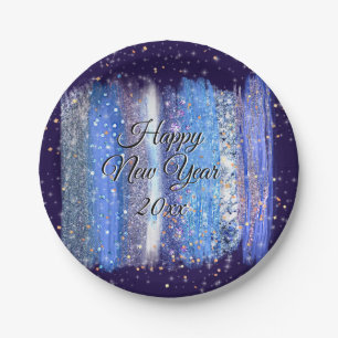 Blue Frosty Brush Strokes Happy New Year 20xx 7" Paper Plate