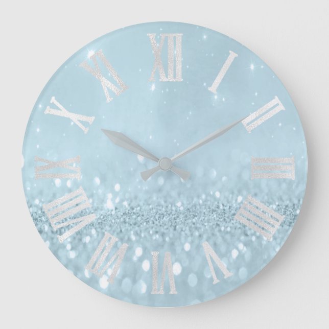 Blue Frozen Silver Glitter Grey Roman Numbers Large Clock (Front)