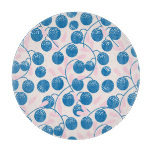 Blue fruits, pink leaves, seamless design. cutting board