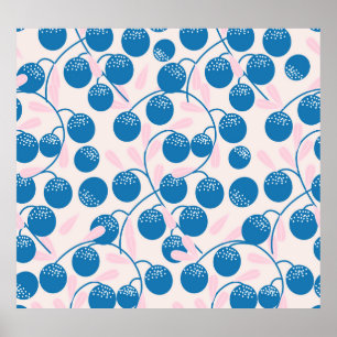 Blue fruits, pink leaves, seamless design. poster