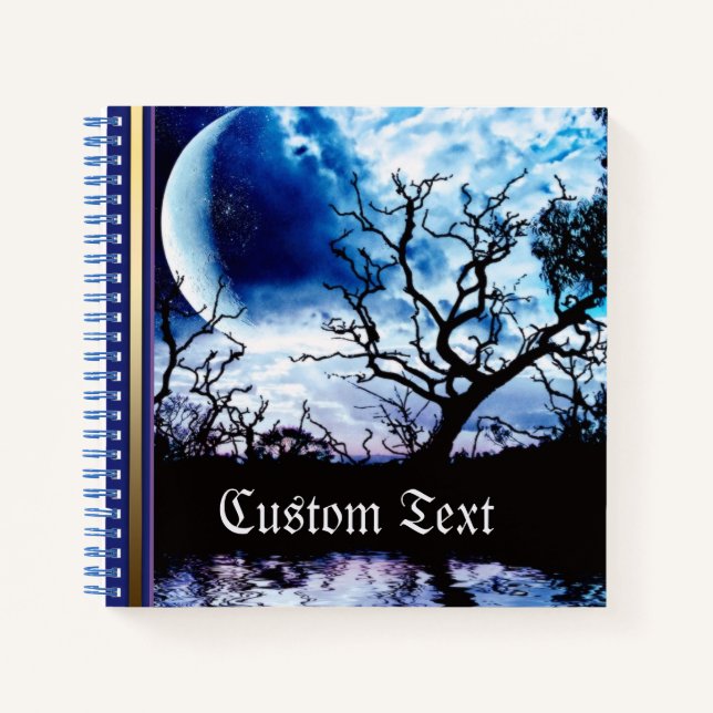 Blue Full Moon Tree Silhouette Notebook (Front)