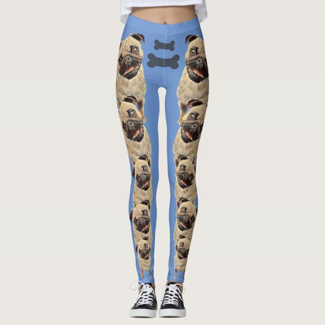 Blue Fun and Funky Pastel Pug Dog Leggings (Front)