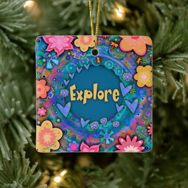 Blue Fun Floral Colourful Pretty Explore   Ceramic Ornament (Tree)