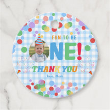 Blue Fun to Be One Photo First Birthday Favour Tag