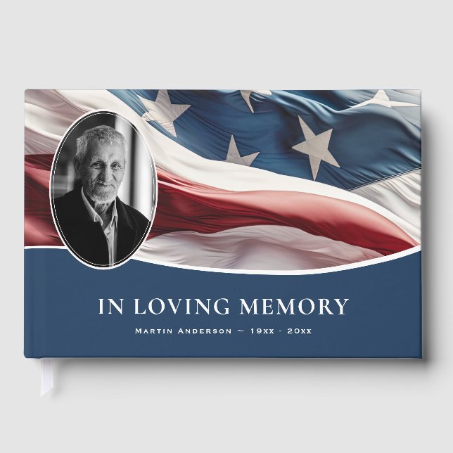 Blue Funeral Memorial American Flag Patriot Photo Guest Book (Front)