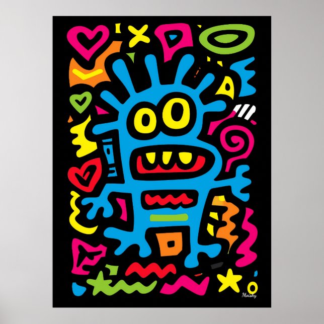 Blue Funky Alien – Neon Pop Art Quirky Monster Poster (Front)