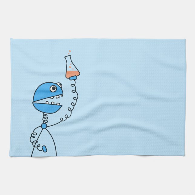 Blue Funny Cartoon Robot Chemistry Tea Towel (Horizontal)