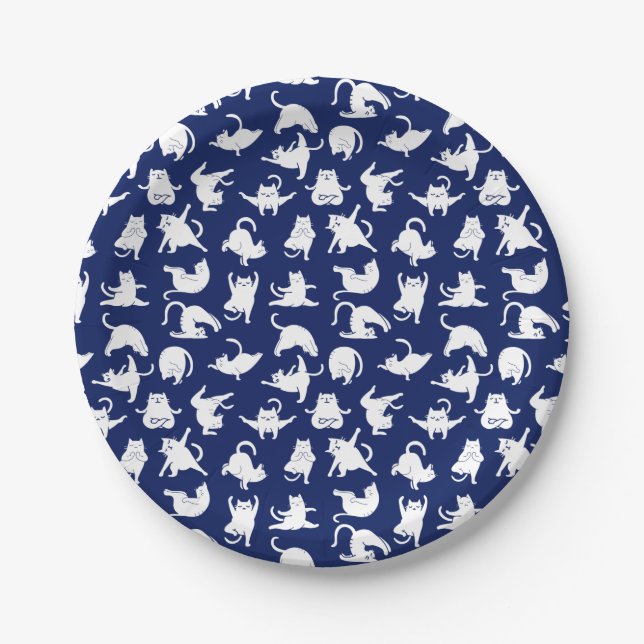 Blue Funny Cat In Yoga Sports Paper Plate (Front)