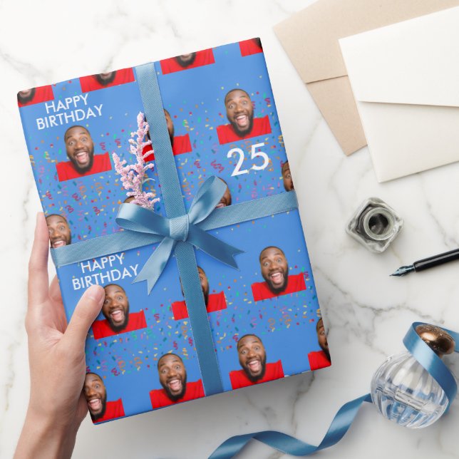 Blue Funny Custom Face Photo 25th Birthday Party Wrapping Paper (Gifting)
