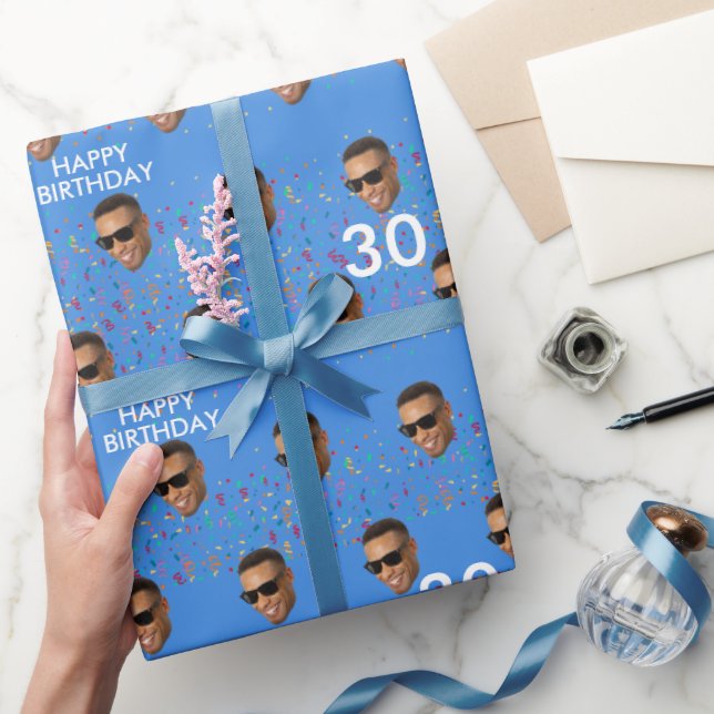 Blue Funny Custom Face Photo 30th Birthday Party Wrapping Paper (Gifting)