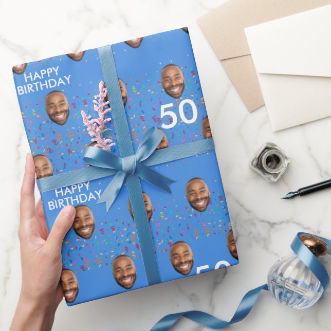 Blue Funny Custom Face Photo 50th Birthday Party Wrapping Paper (Gifting)