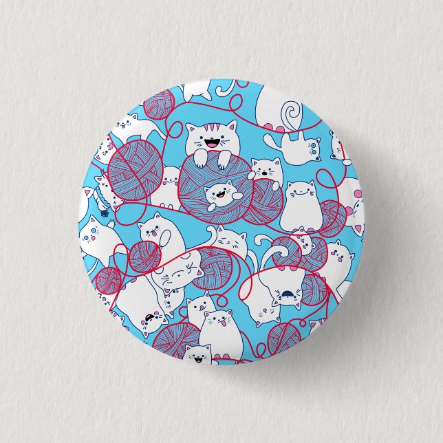 Blue Funny Cute Knitting Kitten Ball 3 Cm Round Badge (Front)
