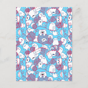 Blue Funny Cute Knitting Kitten Ball Holiday Postcard