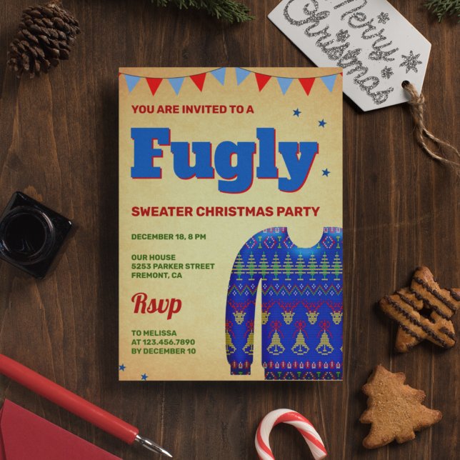 Blue Funny Fugly Ugly Sweater Christmas Party Invitation (Creator Uploaded)